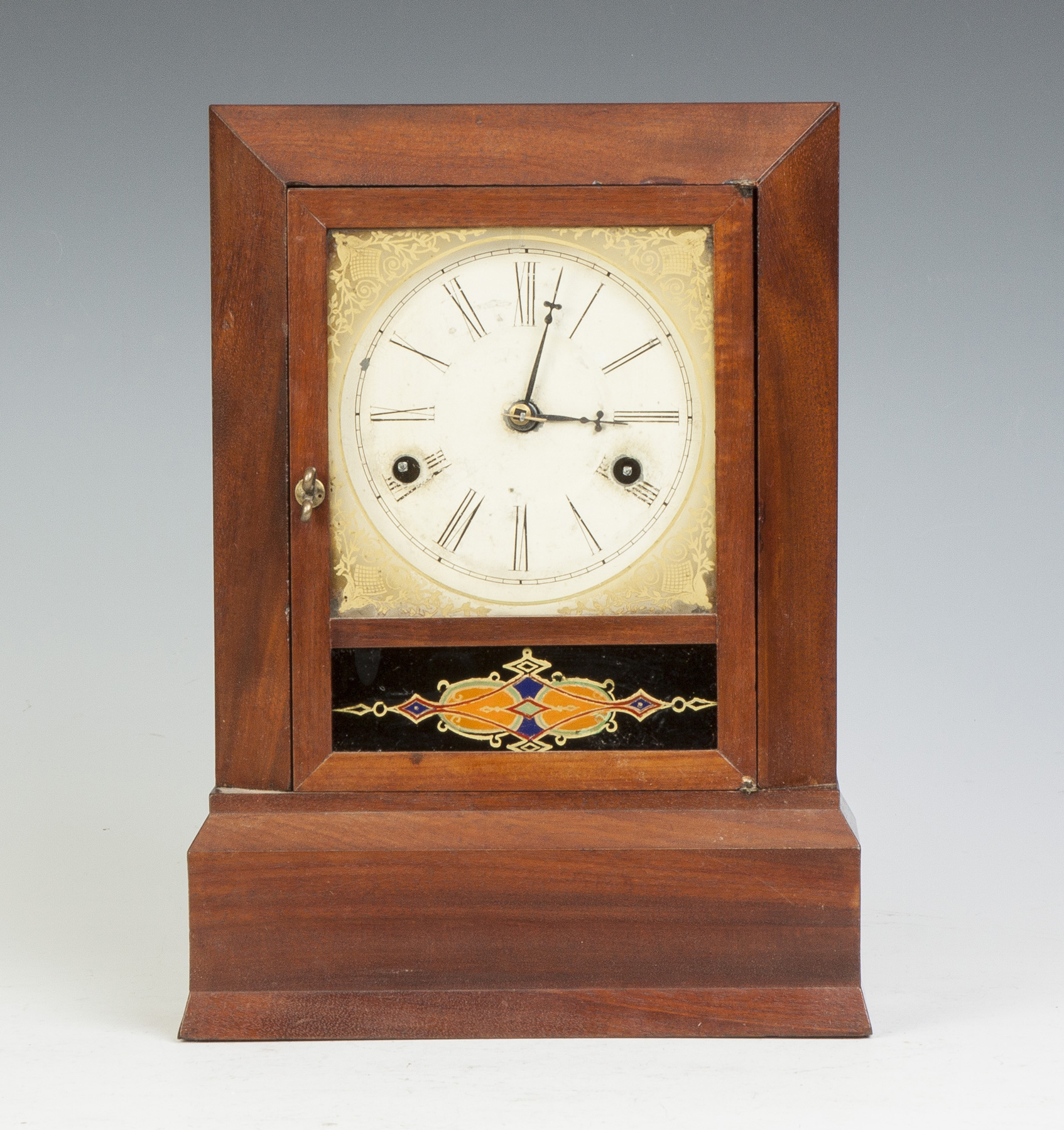 Appraisal: J Ives Miniature Shelf Clock Mahogany case Original painted metal