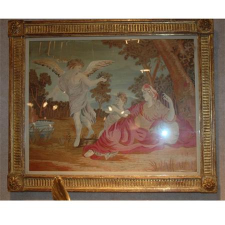 Appraisal: English Silk and Wool Gilt Framed Allegorical Scene Estimate -