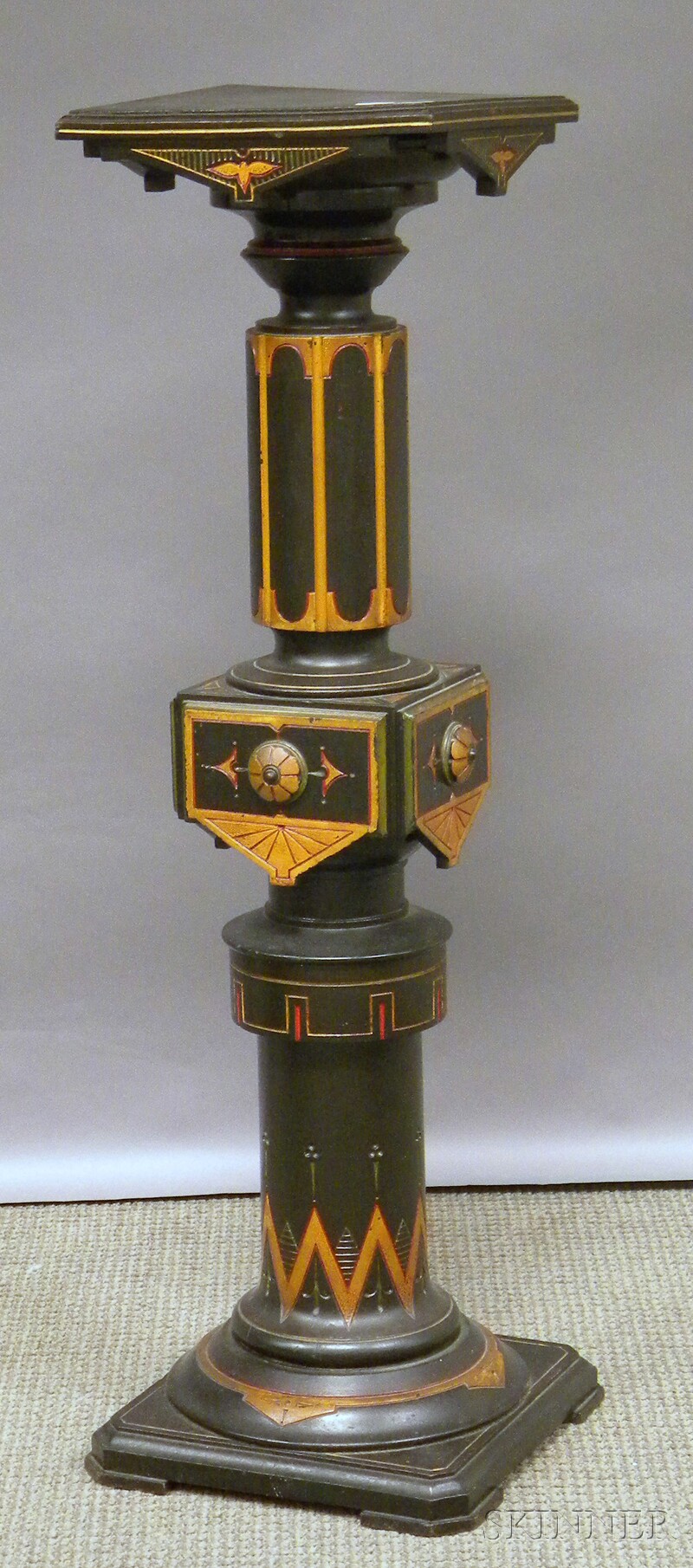 Appraisal: Victorian Aesthetic Polychrome-decorated Ebonized Carved Wood Pedestal possibly Killian Bros