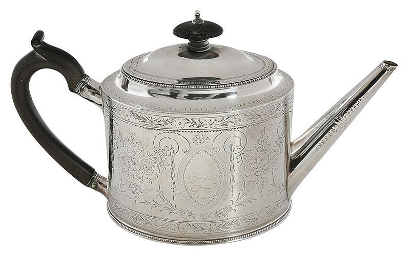 Appraisal: George III English Silver Teapot London oval with engraved decoration