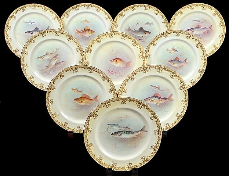 Appraisal: SET OF TEN ROYAL DOULTON PORCELAIN FISH PLATESCirca The undersides