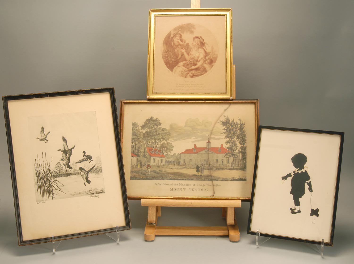 Appraisal: FOUR FRAMED ITEMS Reproduction of a Richard Bishop etching x