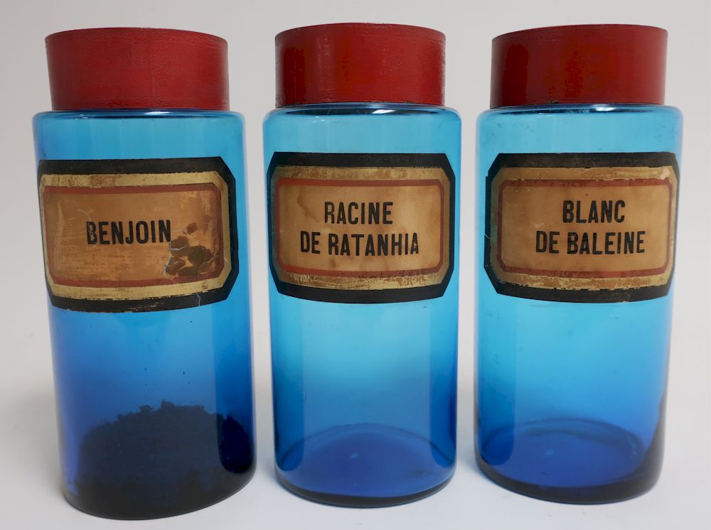 Appraisal: French Blue Glass Apothecary Jars Labeled Benjoin Racine de Ratanhia