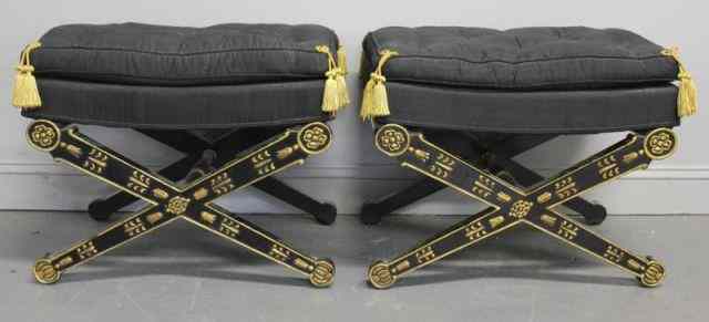 Appraisal: Pair of Gilt Lacquered X-form Benches With upholstered tops From