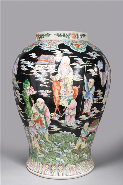 Appraisal: Large black ground enameled porcelain vase featuring elders and attendants