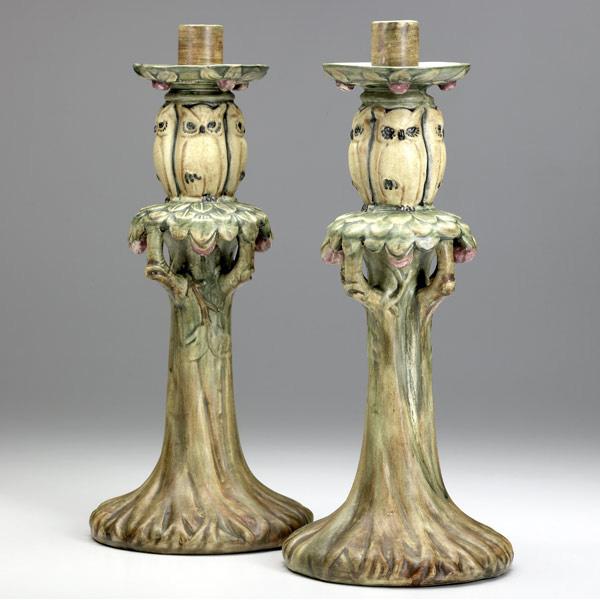 Appraisal: WELLER Woodcraft pair of owl candlesticks Each stamped WELLER