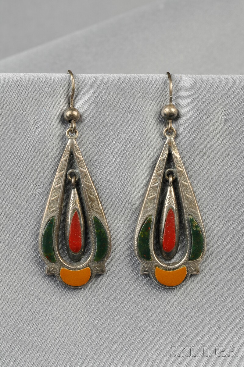 Appraisal: Antique Silver and Scottish Agate Earpendants each drop with flexible