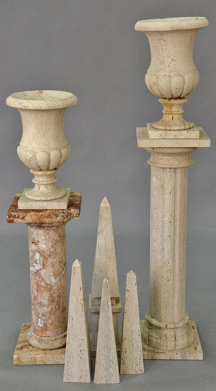 Appraisal: Travertine and marble group to include two urns two pedestals