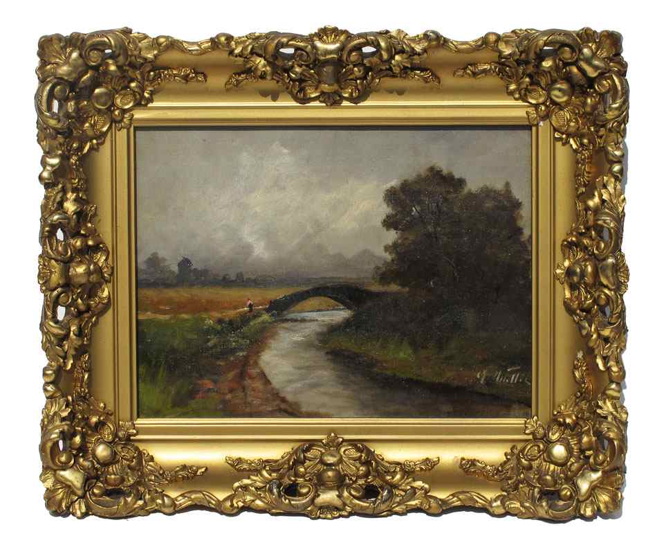 Appraisal: ILLEGIBLY SIGNED EUROPEAN LANDSCAPE WITH CANAL BRIDGE AND LONE FIGURE