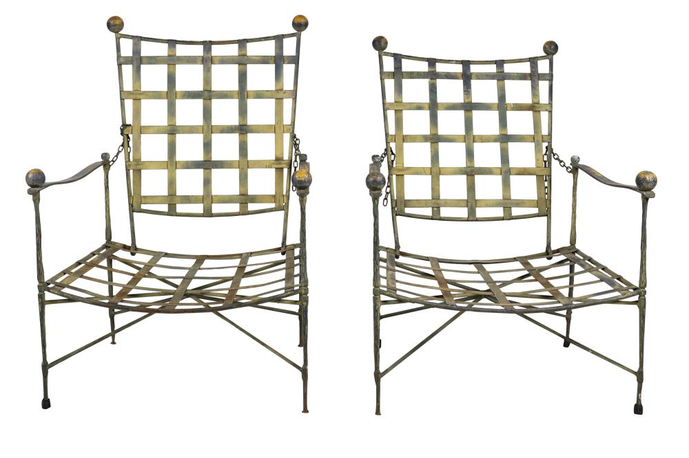 Appraisal: PAIR OF CONTEMPORARY PARCEL GILT PATIO CHAIRSeach with chain hinge