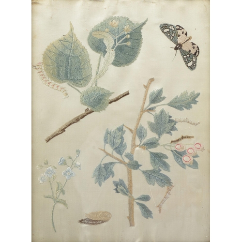 Appraisal: An embroidered silk picture of a caterpillar butterfly and sprigs