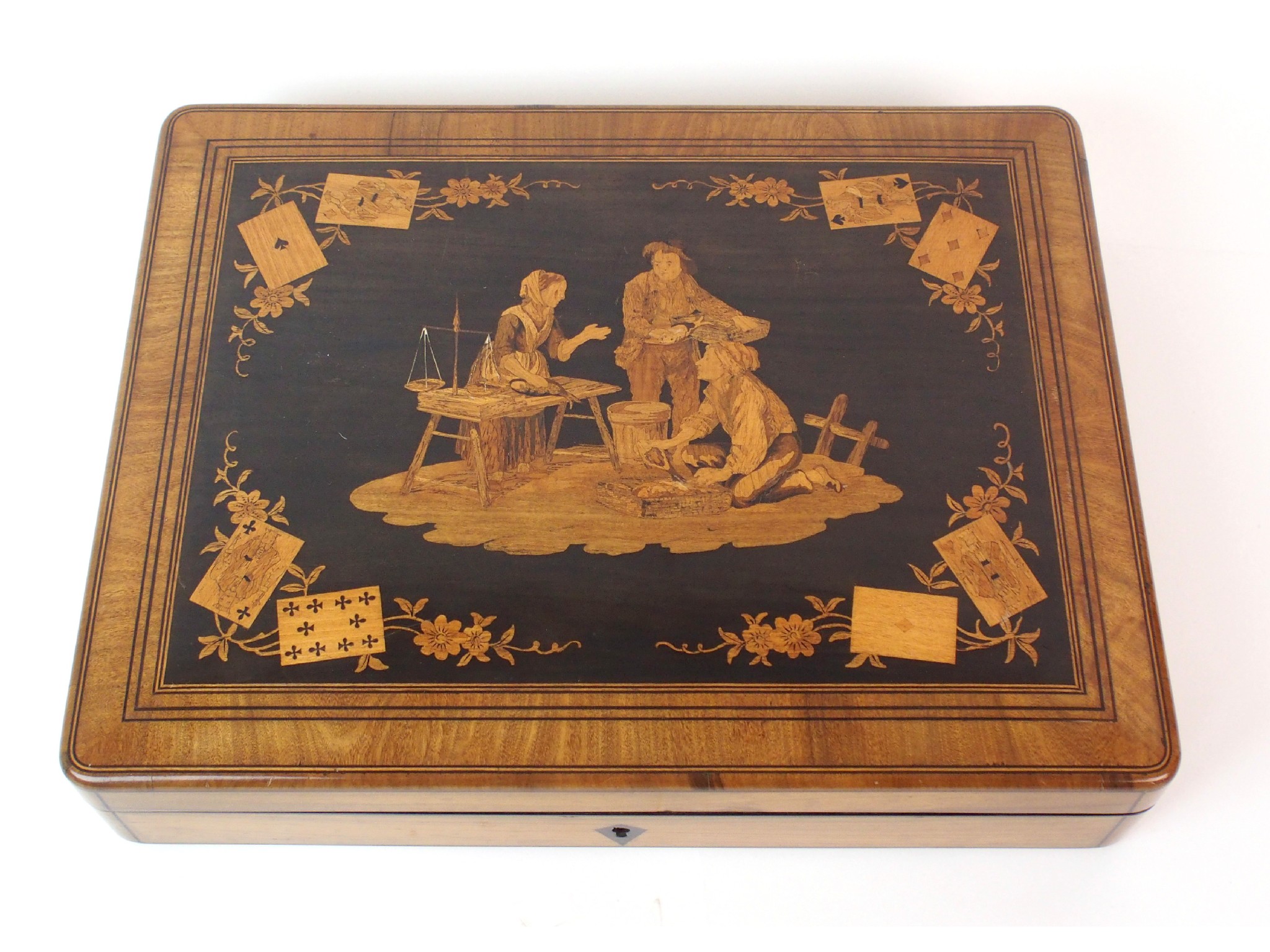 Appraisal: An oak and mahogany marquetry table casketrectangular box with scene