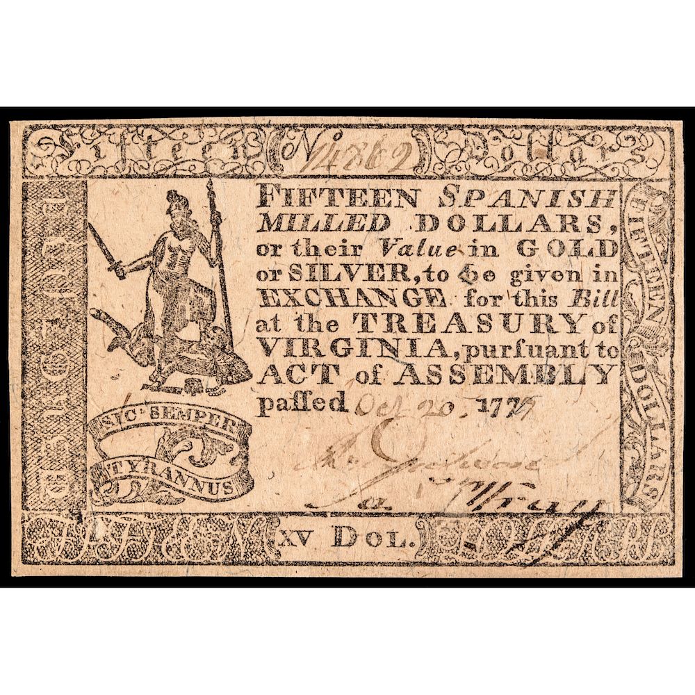 Appraisal: Colonial Currency VA October Handwritten Date Choice Uncirculated Virginia Currency