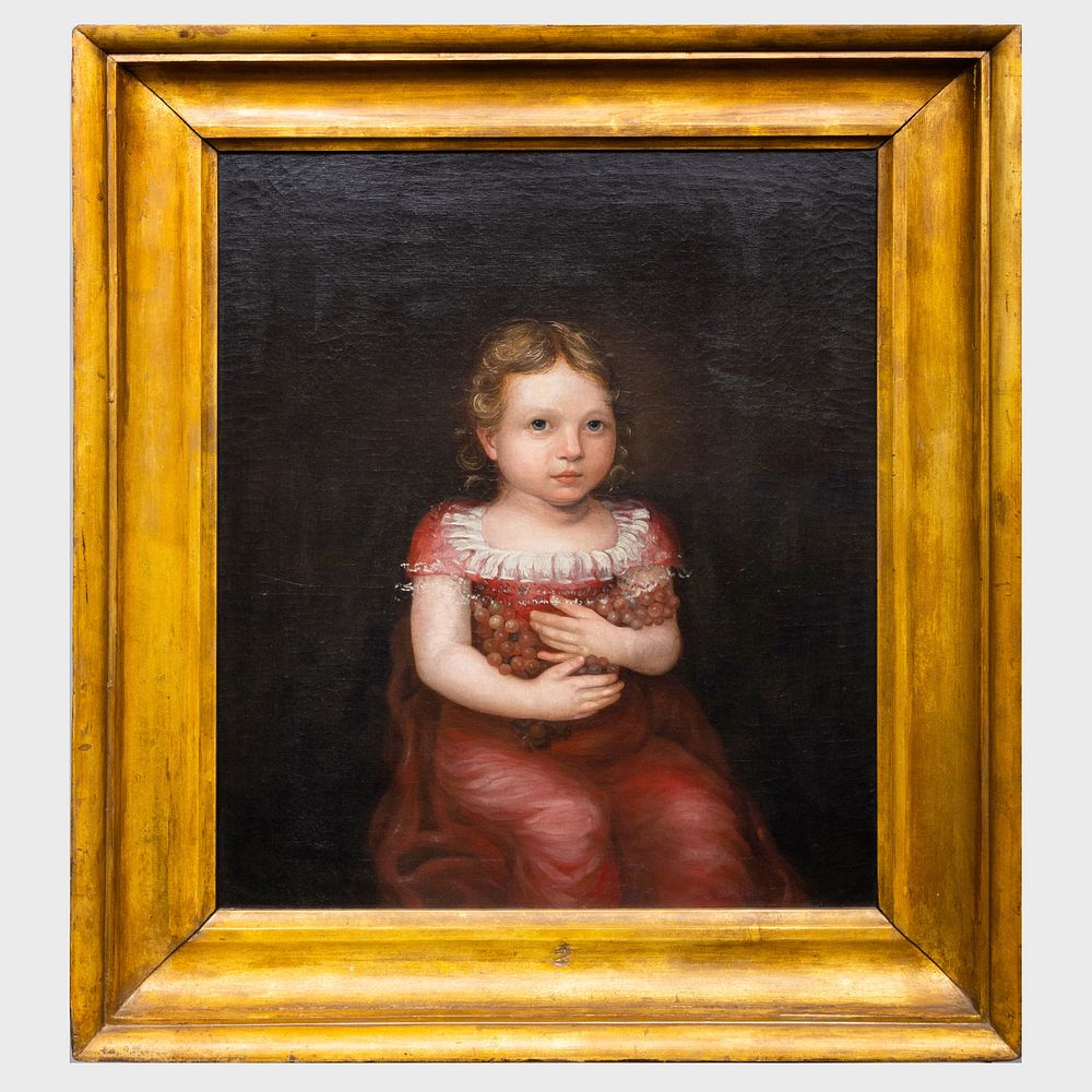 Appraisal: American School Portrait of a Child Holding Grapes Oil on