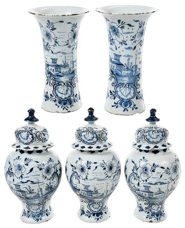 Appraisal: Delft Blue and White Five Piece Garniture Set Dutch th