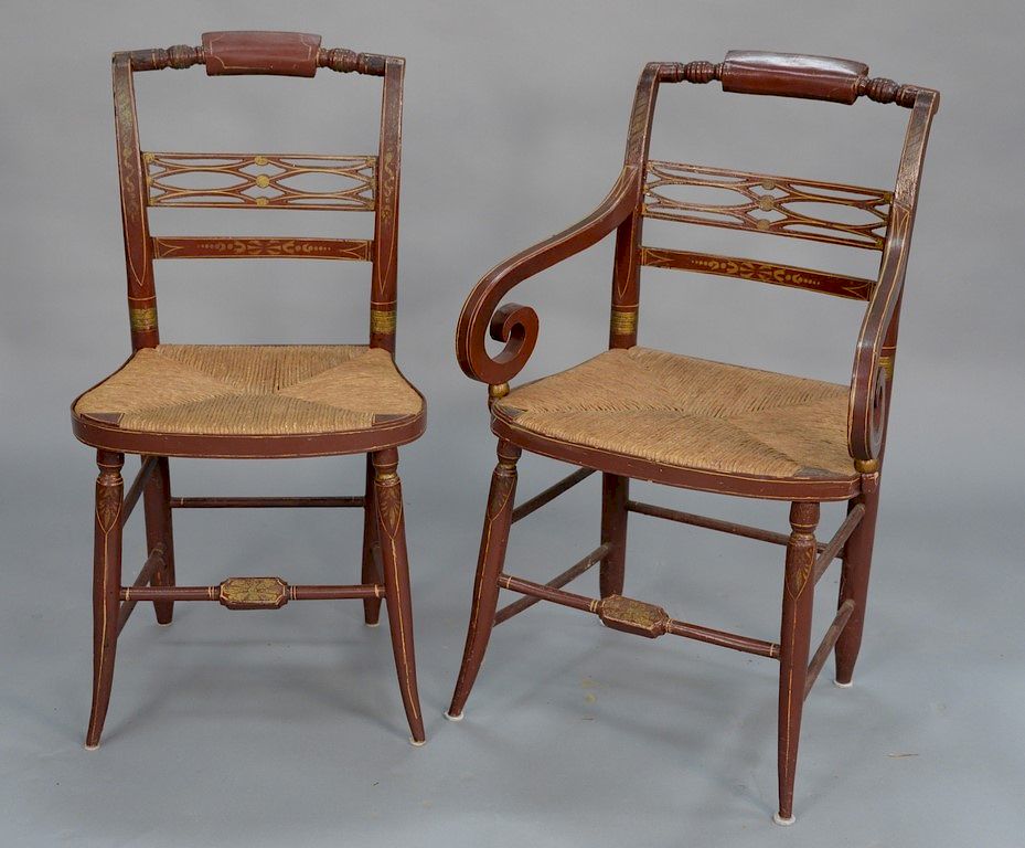 Appraisal: Set of eight Sheraton rush seat chairs in old paint