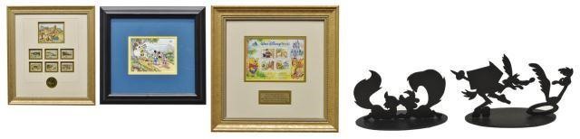 Appraisal: lot of Framed Walt Disney stamps and metal silhouette bookends