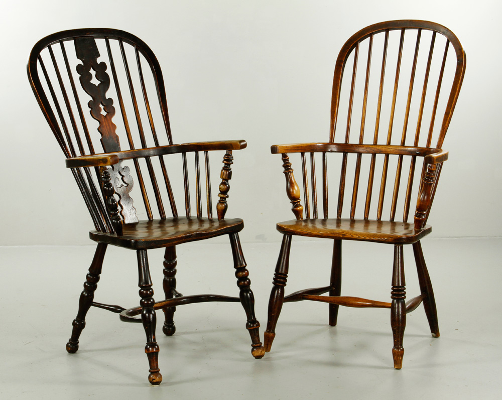 Appraisal: - Two English Yew wood Armchairs Two th century English