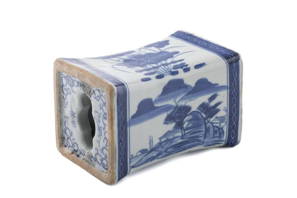 Appraisal: Chinese rectangular pillow painted with lotus chrysanthemum and landscape scene