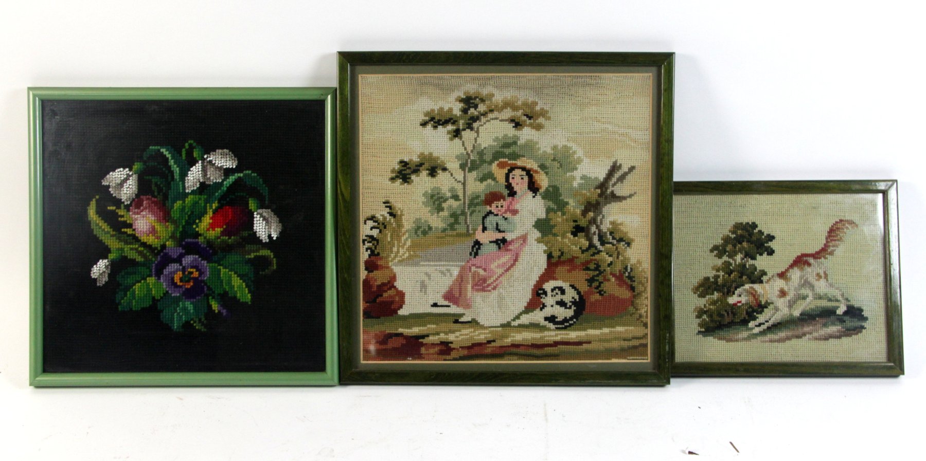 Appraisal: Three woolwork pictures sewn with a bouquet of flowers cm