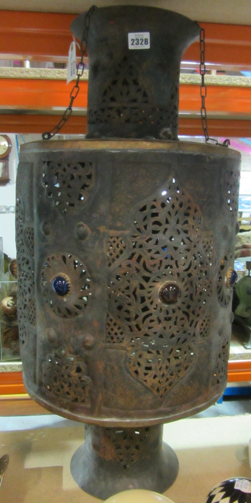 Appraisal: A Turkish lantern of circular pierced form inset with hardstone