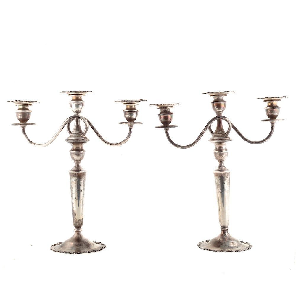 Appraisal: Pair Sterling Art Nouveau Three-Light Candelabra Baluster form the dome