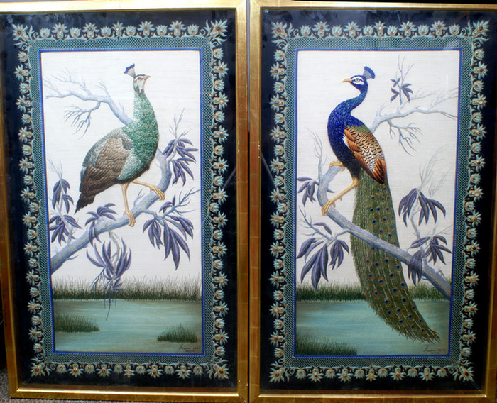 Appraisal: Pair of embroidered peacocks with jeweled border set with semi-precious