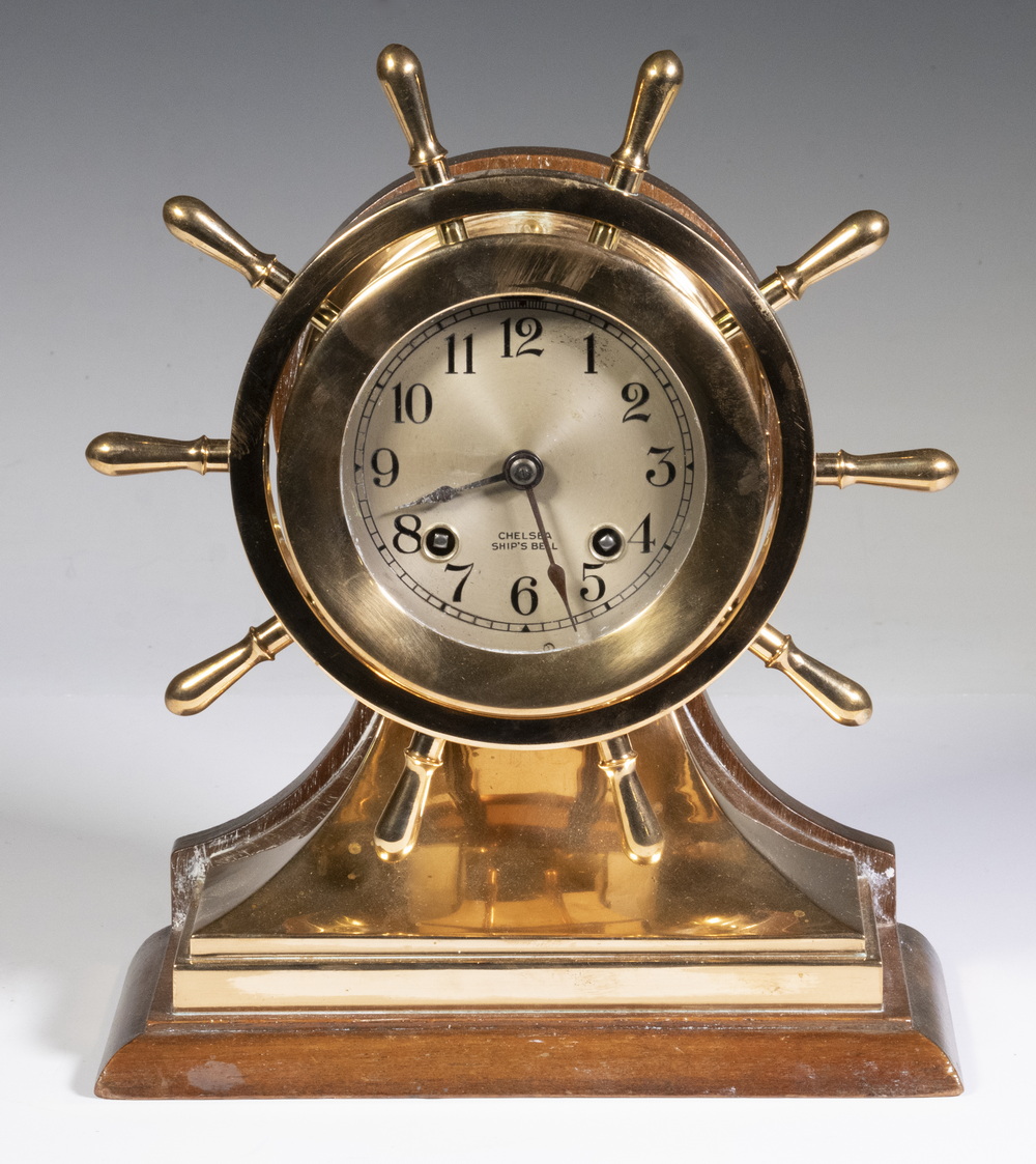 Appraisal: CHELSEA SOLID BRASS SHIP'S BELL DESK CLOCK Mariner Yacht Wheel