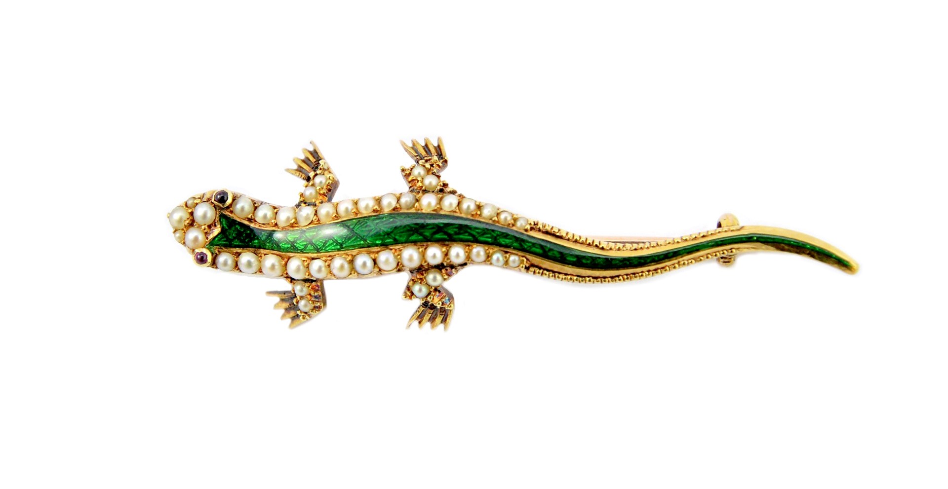 Appraisal: A gold seed pearl set and green enamelled brooch designed