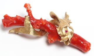 Appraisal: Vintage K Gold Coral Ruby Aquatic Brooch Marked K and