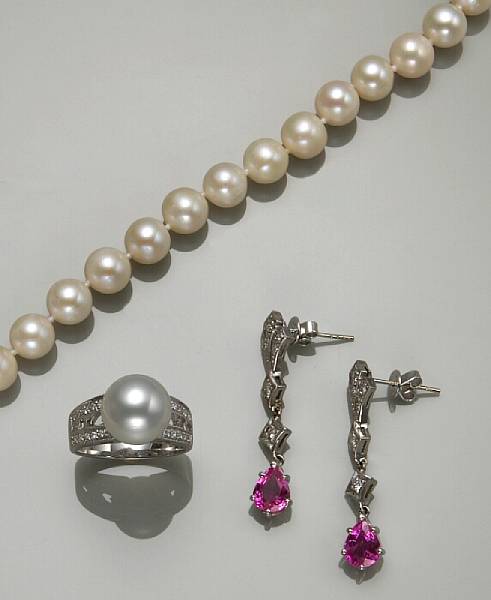 Appraisal: A collection of cultured pearl pink sapphire diamond k white