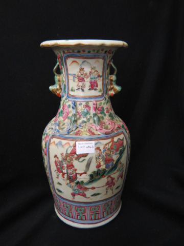 Appraisal: Chinese Porcelain Vase warrior panel scenes Cantoneese foo dog handles