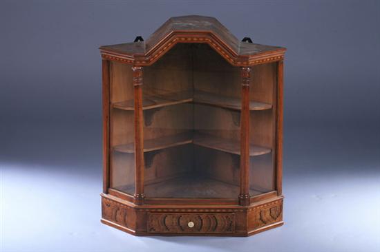 Appraisal: HANGING INLAID CORNER VITRINE late th century With raised shaped