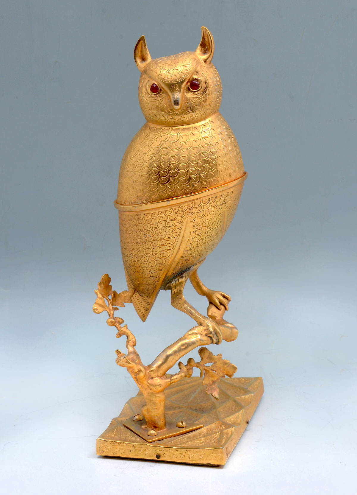 Appraisal: THORENS OWL MUSIC BOX CONTAINER Hinged upper body of gold