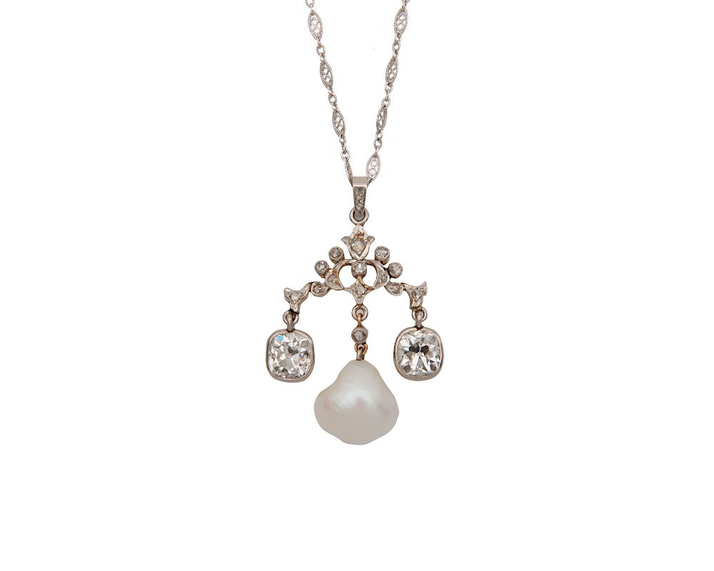 Appraisal: Platinum Gold Pearl and Diamond Pendant Platinum Gold Pearl and