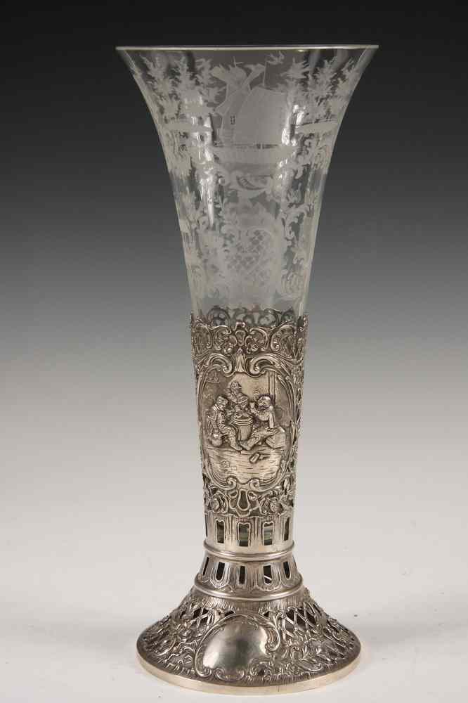 Appraisal: GERMAN SILVER ETCHED GLASS TRUMPET VASE - Trumpet Vase in