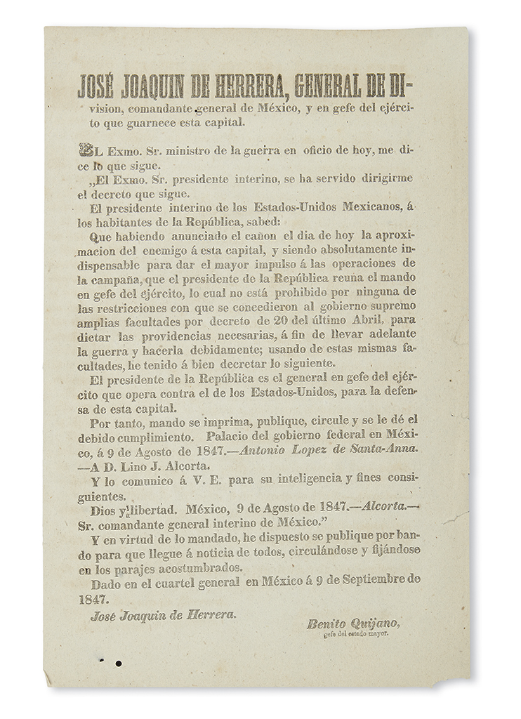 Appraisal: MEXICAN-AMERICAN WAR Herrera Jos Joaquin de Decree authorizing the Mexican