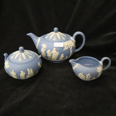 Appraisal: Wedgwood Jasperware Tea Set blue teapot creamer sugar classical maiden