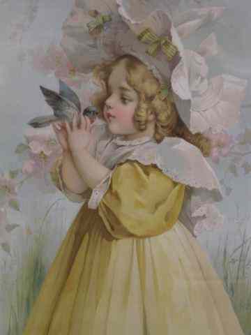 Appraisal: Victorian Lithograph of Girl Birds yellow dress image area ''