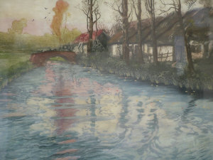 Appraisal: Fritz Thaulow Norwegain - - River landscape with cottages hand-coloured