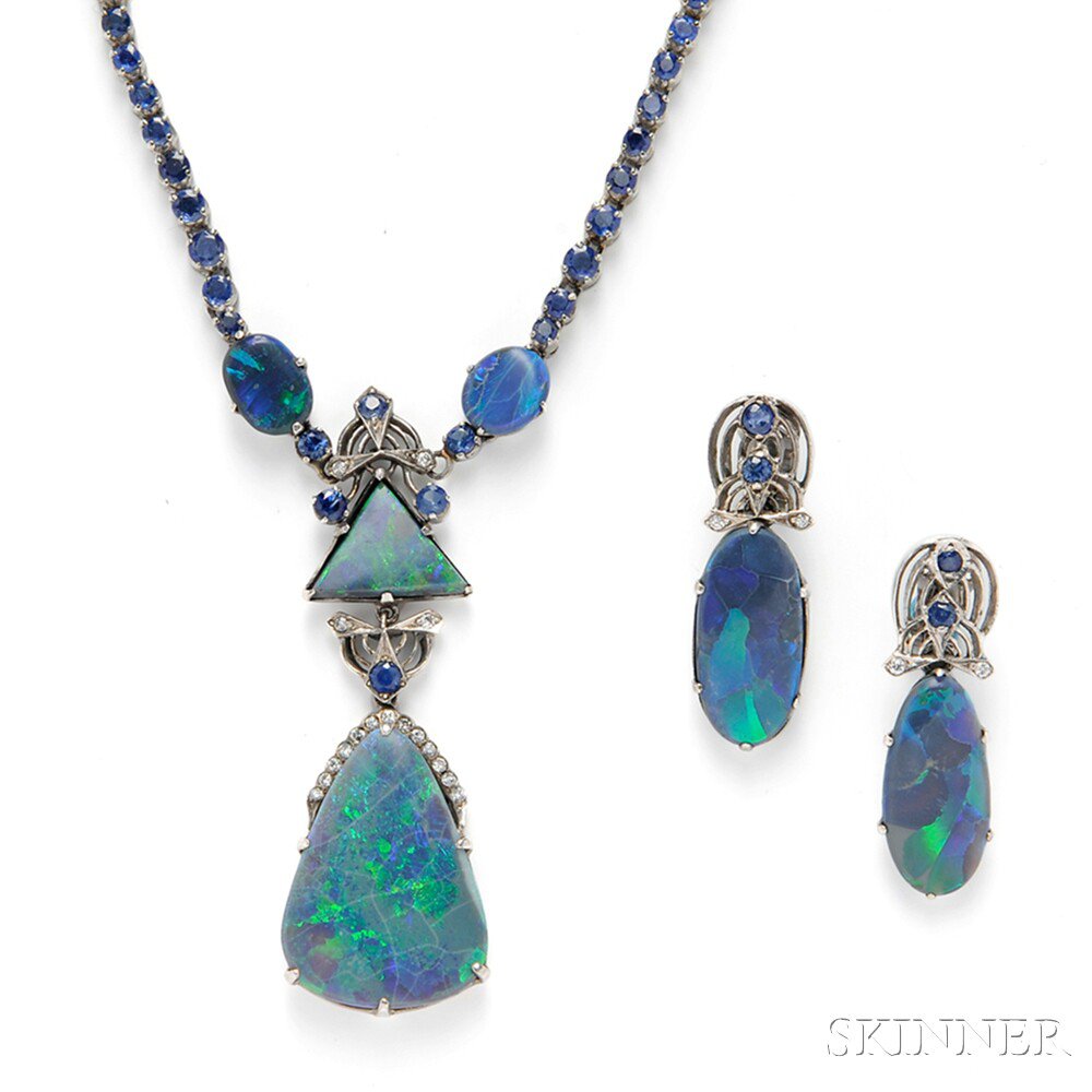 Appraisal: kt White Gold Black Opal and Sapphire Suite the pendant