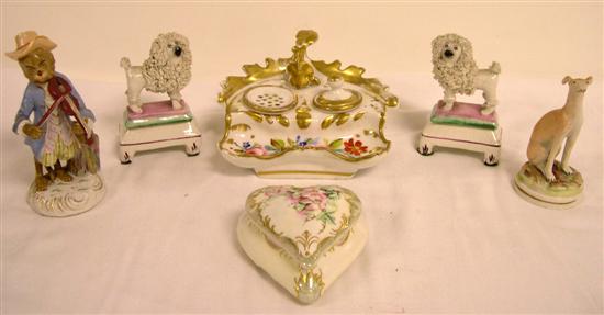 Appraisal: Porcelain including Continental handpainted ink well and heart shaped box