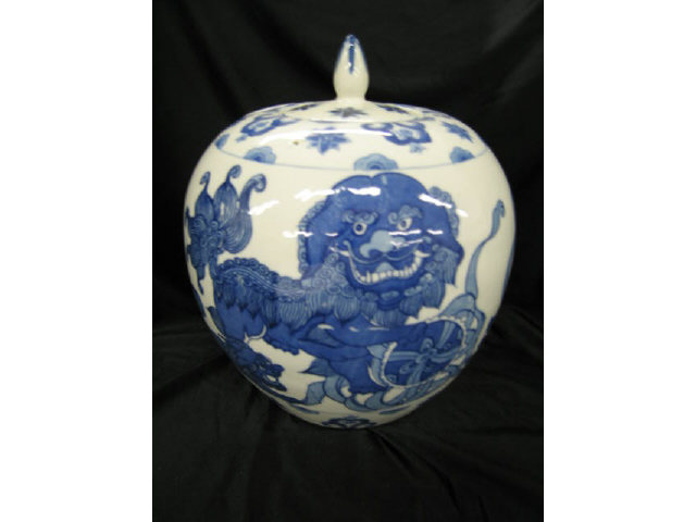 Appraisal: Chinese Blue White Porcelain Temple Jar foo dog decor