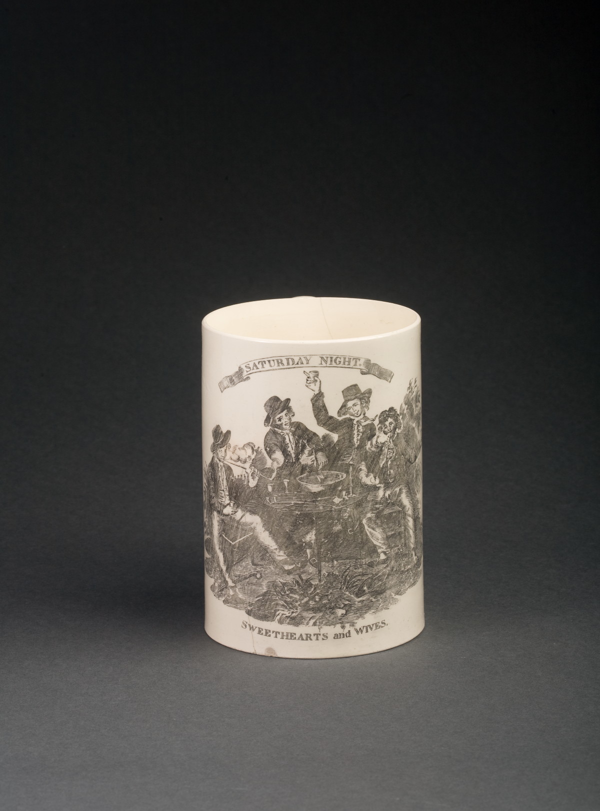 Appraisal: ENGLISH CREAMWARE BLACK TRANSFER-PRINTED QUART MUG NINETEENTH CENTURY Printed on