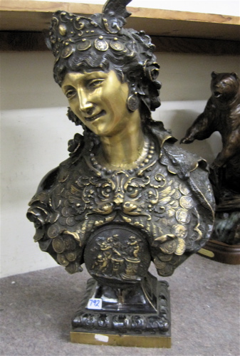 Appraisal: PATINATED BRONZE BUST Roman goddess with winged tiara and square