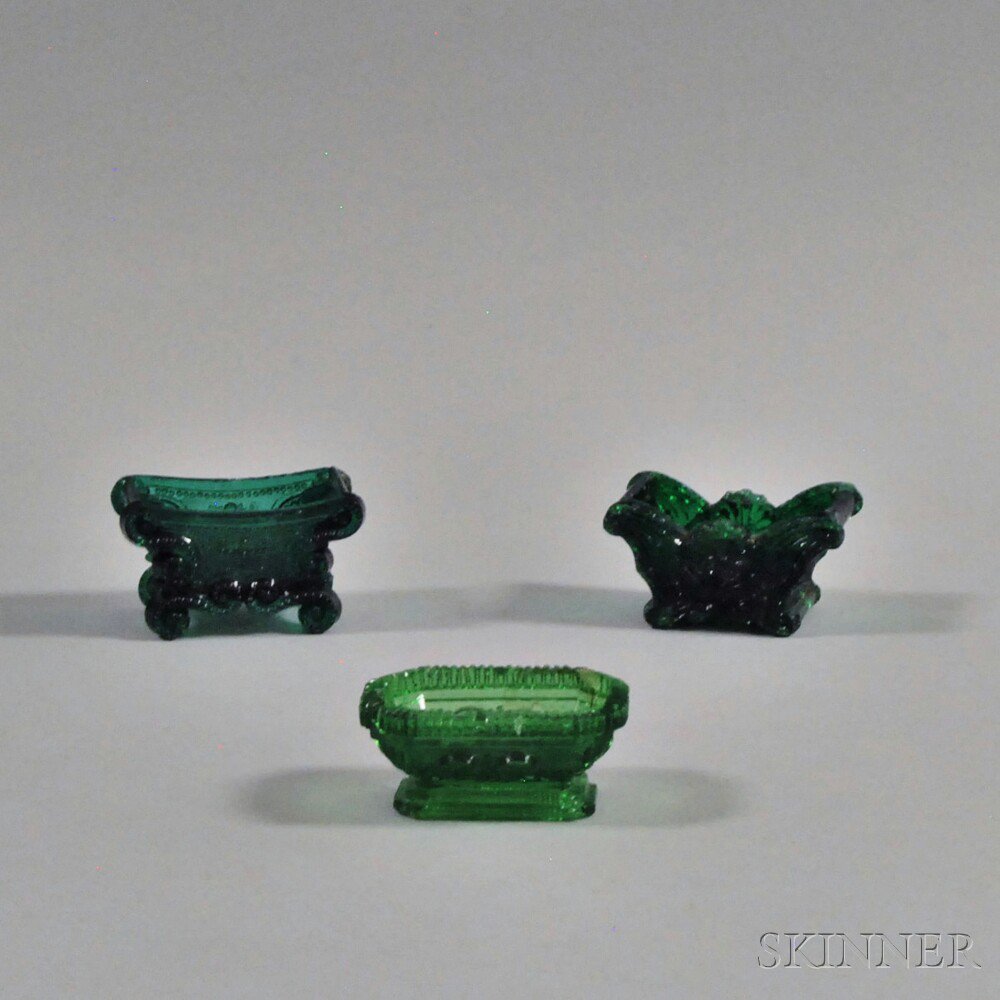 Appraisal: Three Green Pressed Glass Open Salts mid- th century an