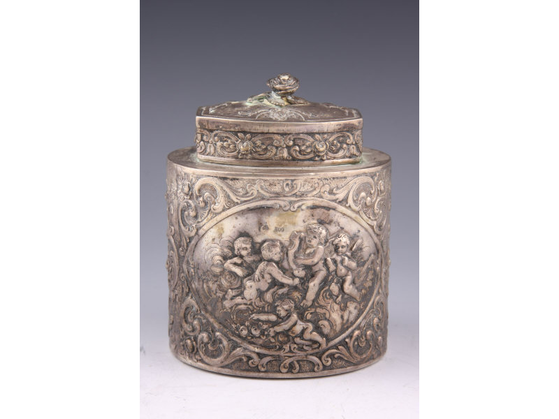 Appraisal: German Silver Repousse Tea Caddy chased floral and scroll decoration