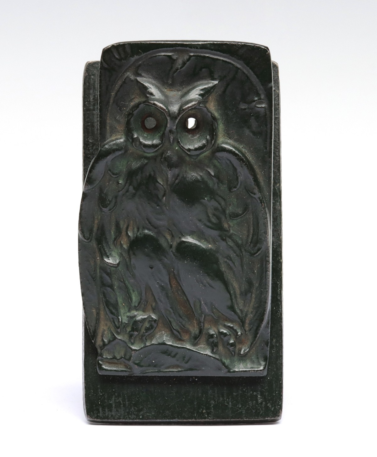 Appraisal: IRON OWL LETTER CLIP WITH GREEN PATINA - Very good