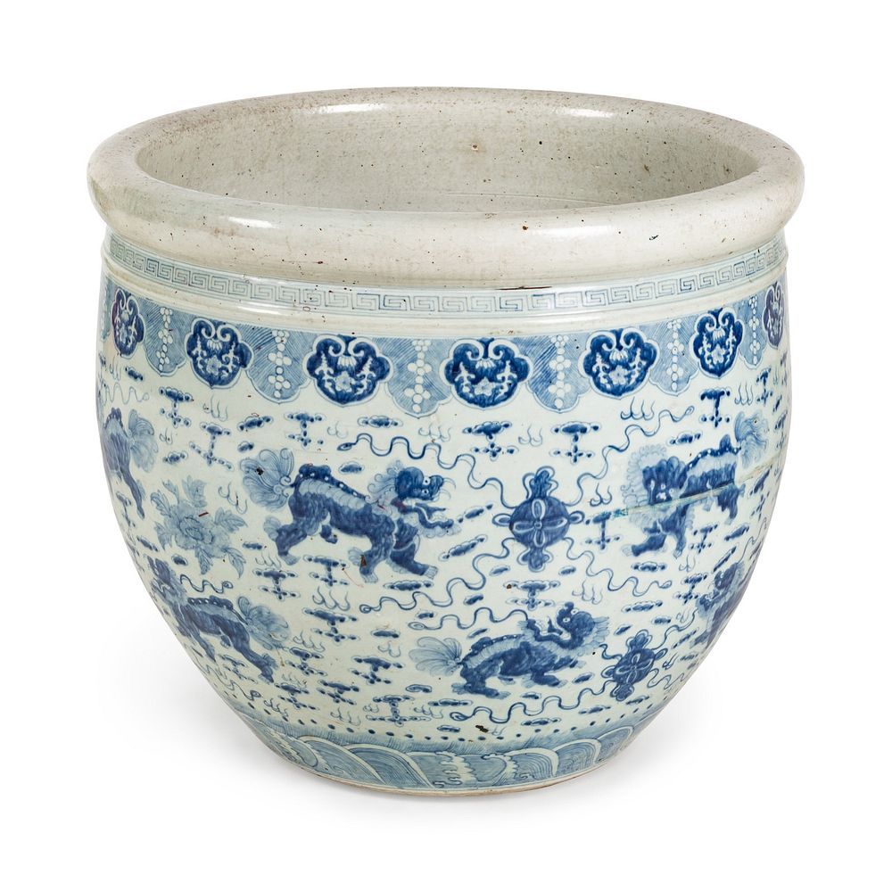 Appraisal: A Large Blue and White 'Fu Lion' Porcelain Fish Bowl