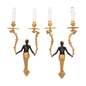 Appraisal: A Pair of French Gilt and Patinated Bronze Figural Two-Light